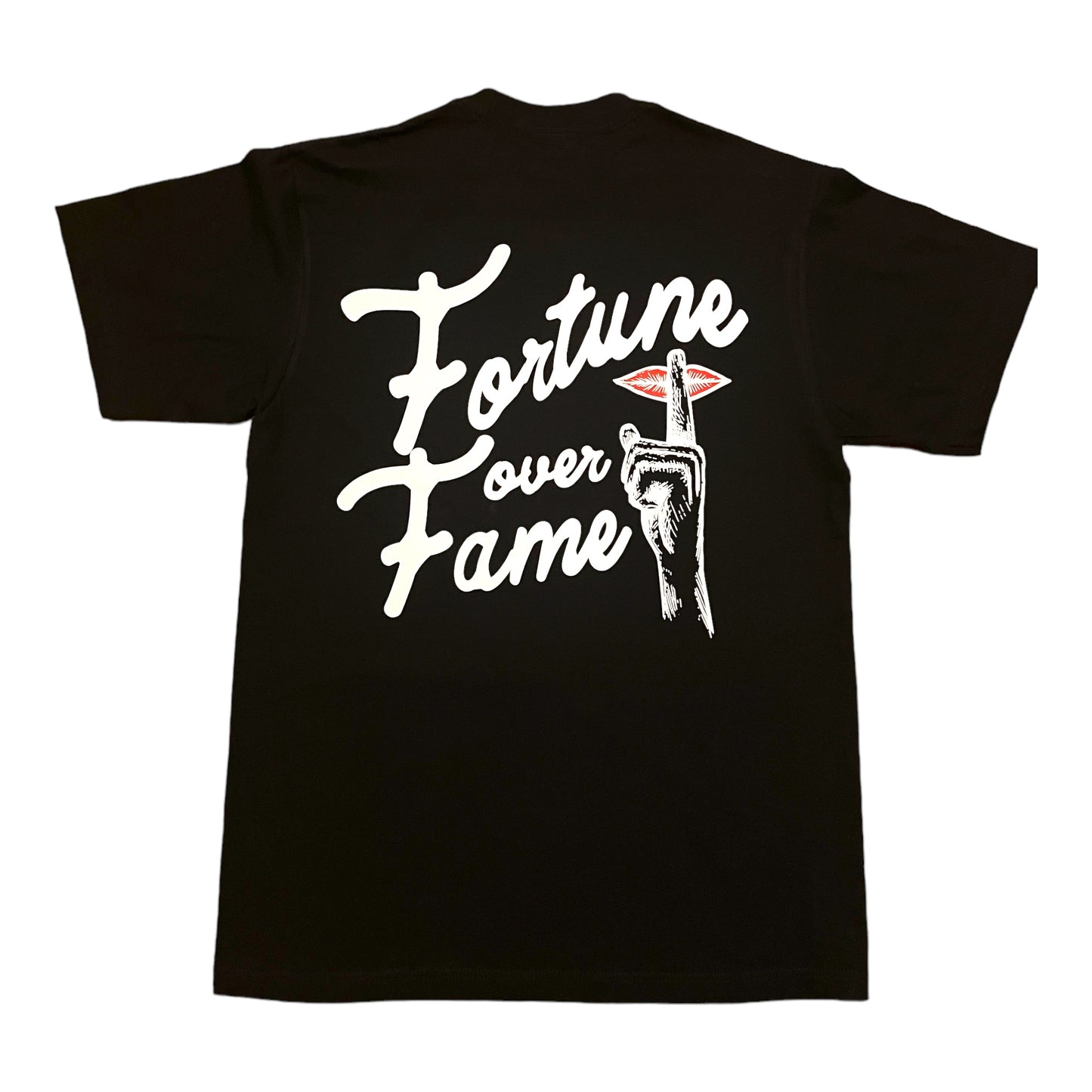 Black Fortune Over Fame Script Logo Tee
