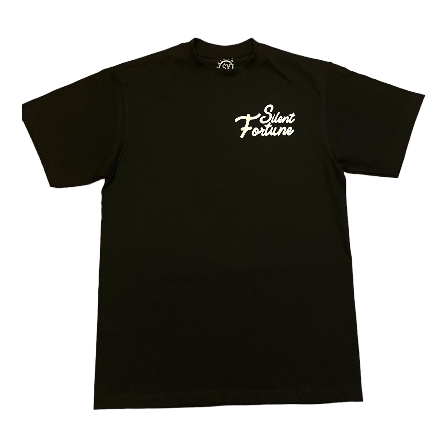 Black Fortune Over Fame Script Logo Tee